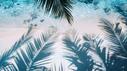 Wall Mural - Top view photo of water surface with shadows of tropical leaves. Shadows of palm leaves on the white sand beach Beautiful abstract background concept banner for summer vacation at the beach.