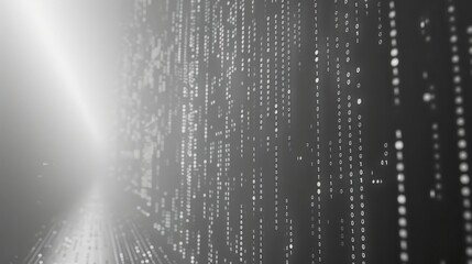 Poster - A digital wall with a stream of white binary code descending against a dark background, creating an abstract and futuristic visual.