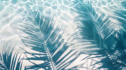 Wall Mural - Top view photo of water surface with shadows of tropical leaves. Shadows of palm leaves on the white sand beach Beautiful abstract background concept banner for summer vacation at the beach.
