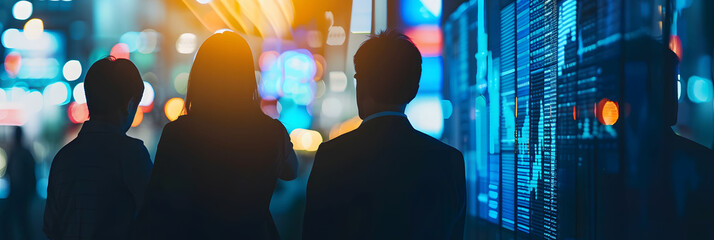Fototapete - A group of business people standing in front of a cityscape, with glowing data streams and financial charts floating around them in the style of dark sky blue and light black.