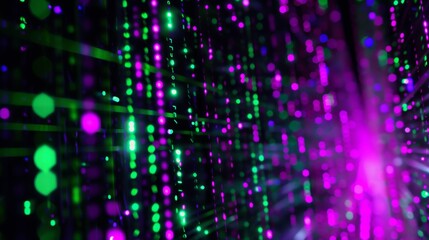 Fototapete - A close-up view of abstract light patterns. The background is dark, with strings of green and purple lights, creating a sense of depth and movement. The lights are blurred, creating a bokeh effect.
