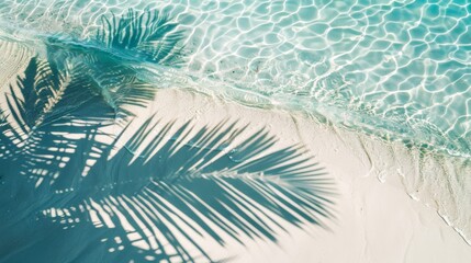 Wall Mural - Top view photo of water surface with shadows of tropical leaves. Shadows of palm leaves on the white sand beach Beautiful abstract background concept banner for summer vacation at the beach.