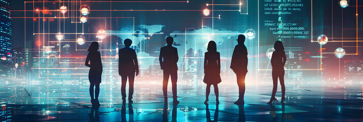 Fototapete - A group of business people standing in front of a cityscape, with glowing data streams and financial charts floating around them in the style of dark sky blue and light black.