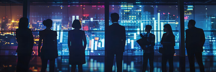 Fototapete - A group of business people standing in front of a cityscape, with glowing data streams and financial charts floating around them in the style of dark sky blue and light black.