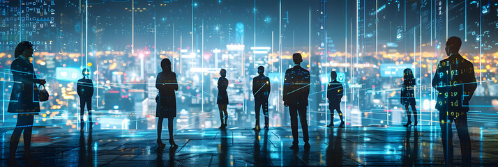 Fototapete - A group of business people standing in front of a cityscape, with glowing data streams and financial charts floating around them in the style of dark sky blue and light black.