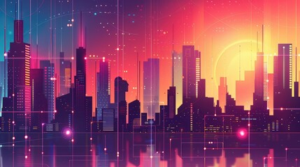 Sticker - Neon Futuristic Cityscape at Sunset