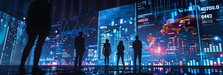 Fototapete - A group of business people standing in front of a cityscape, with glowing data streams and financial charts floating around them in the style of dark sky blue and light black.