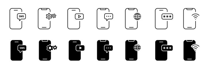 Poster - smartphone icon. smartphone function technology. device media symbols. chat, settings, message, medi