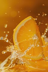 Wall Mural - A slice of orange is seen falling from above into a calm body of water