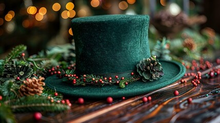 Wall Mural - A green top hat on a table with Christmas decorations.