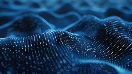 Poster - Waves of dots and lines weave Abstract blue background for designs on topics of cyberspace, big data, metaverse, network security, data transfer on dark blue abstract cyberspace background.
