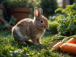 Poster - Sweet Baby Rabbit and Carrot in Lively Garden Setting