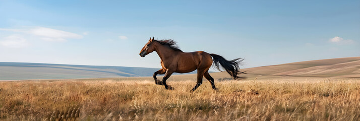 Majestic Horse Galloping Through Open Fields Under a Clear Blue Sky: Embracing Freedom and Untamed Beauty