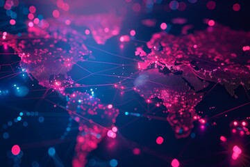 Poster - Glowing pink and blue world map with glowing nodes and connections on dark blue background