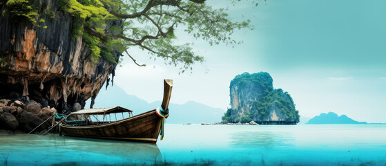 Sticker - Serene Tropical Escape with Traditional Long-tail Boat