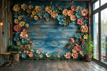 Canvas Print - A wooden wall adorned with colorful flowers.