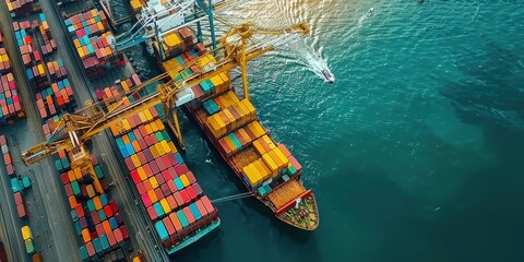 Poster - Aerial View of a Cargo Ship at a Busy Port