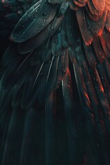 Poster - A detailed view of red and black bird's feathers with intricate patterns