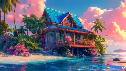 Illustration of beautiful beach with luxury house in the island.