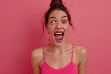 Poster - A woman wearing a pink top with a playful expression