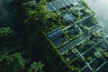 Poster - A unique building with lush plants and foliage covering its exterior walls, perfect for use in illustrations about nature and architecture