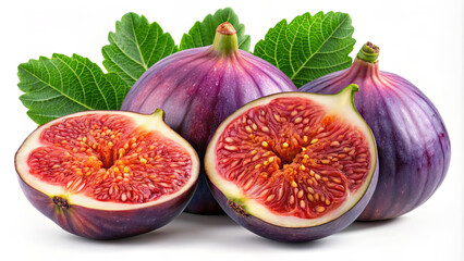 Close-up of four figs, two whole and two halved, with green leaves on a white background