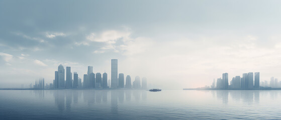 Poster - Misty Waterfront City Skyline