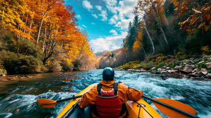 Autumn active leisure. Rafting on a mountain river, scenic view of autumn nature