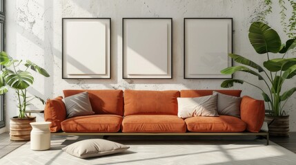 Cozy living room interior with an orange couch, two framed pictures on the wall, and a warm atmosphere