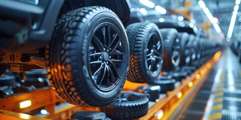 Poster - Car Tires on a Conveyor Belt in an Assembly Line