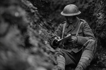 A soldier sits alone in a muddy trench, writing in a small notebook. Generative AI