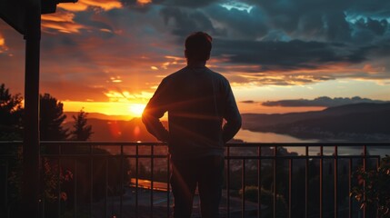 Poster - A person stands on a balcony overlooking a stunning sunset, providing a serene atmosphere