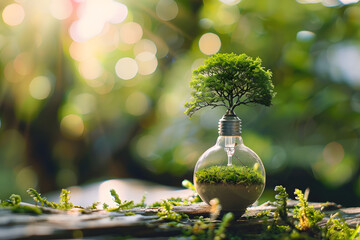 Wall Mural - tree growing on light bulb with sunshine in nature. saving energy and eco concept