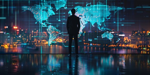 Businessman looking at digital world map with glowing connections representing global network of technology and communication