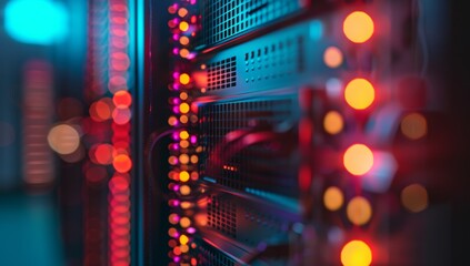 Poster - Glowing server rack in data center with blurred bokeh lights