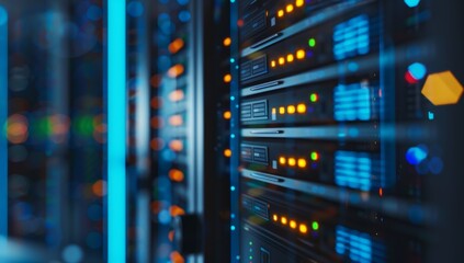 Poster - Futuristic glowing server racks with blinking lights in a data center