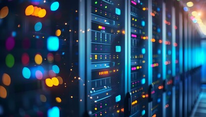 Poster - Glowing lights in a dark server room with bokeh effect