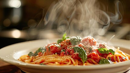 Wall Mural - Delicious hot spaghetti with tomato sauce, garnished with fresh basil and grated cheese, steaming on a white plate, perfect for food lovers.