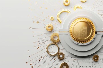 Poster - Elegant abstract design featuring golden gears and circuits on a white background, blending luxury with advanced mechanical and digital engineering