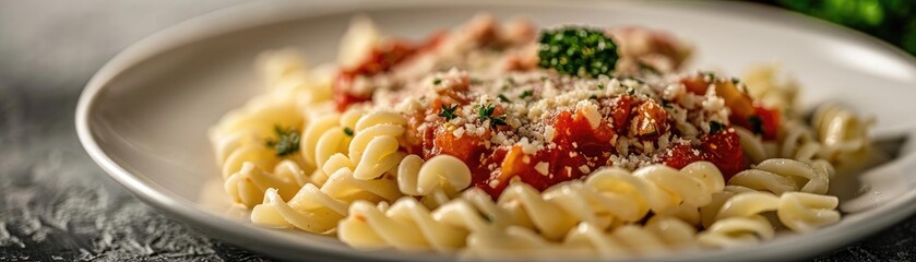 Wall Mural - Close-up of a plate of fusilli pasta topped with tomato sauce and garnished with fresh parsley, perfect for an Italian cuisine theme.