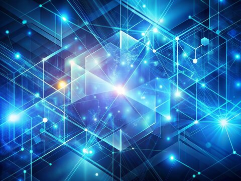 Vibrant blue abstract background with geometric shapes and lines, illuminated by a futuristic glow, evoking advanced technology and innovative digital concepts.