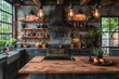© Nico - Industrial Kitchen A kitchen with exposed brick walls, stainless steel appliances, and metal shelving. Include a wooden island and industrial light fixtures