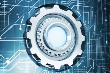 Leinwandbilder - Abstract representation of gears integrated into a circuit board, symbolizing the fusion of mechanical engineering and modern digital technology