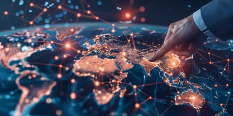 Poster - Hand touching a glowing map of the world with network connections