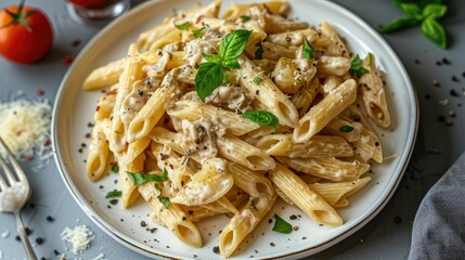 Wall Mural - Delicious creamy pasta on a plate garnished with fresh parsley and basil, ready to eat. Ideal for food blogs and culinary projects.