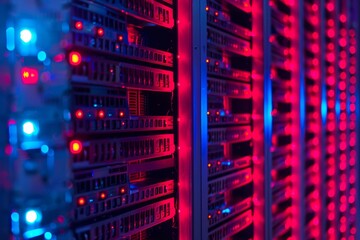 Poster - Glowing red and blue server racks in a data center