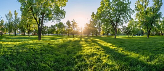 Wall Mural - Stunning sunset or sunrise background of greenery in a park.