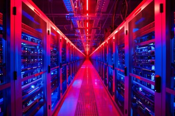 Aufkleber - Futuristic server room with red and blue lighting