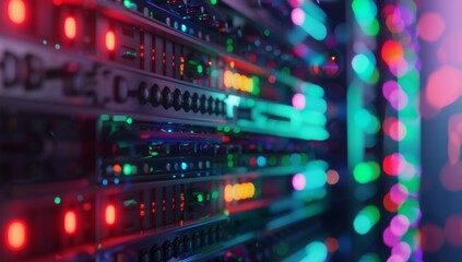 Poster - Glowing Server Racks with Multicolored Bokeh Lights in Data Center