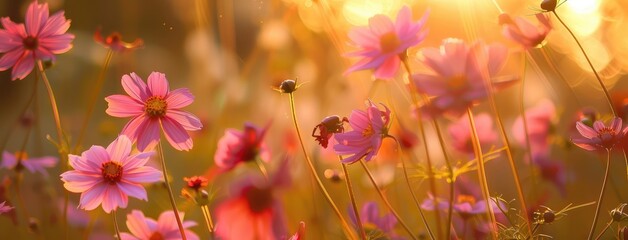 Wall Mural - Golden Hour Glow on Blooming Cosmos Flowers